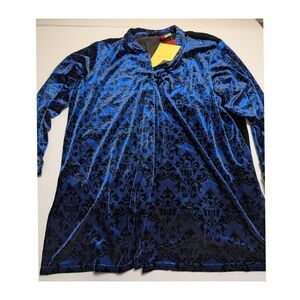 East Looks Womens 1X Velvet Damask Geisha Graphic Button Front Shirt Blue Black